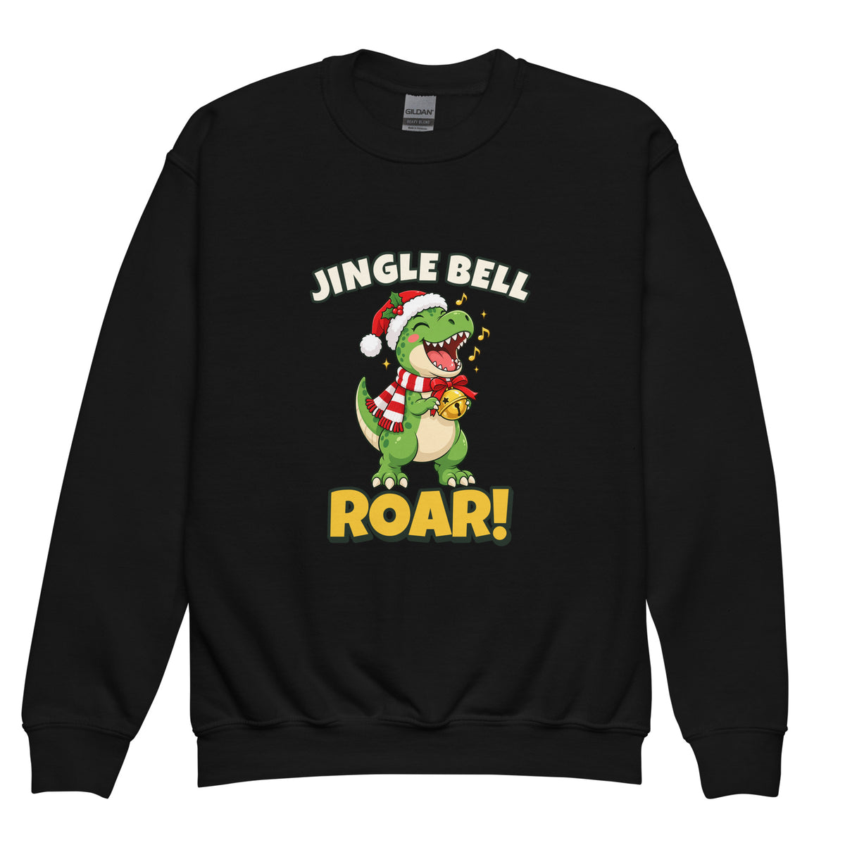Jingle Bell Roar youth dinosaur Christmas sweatshirt - Black - front