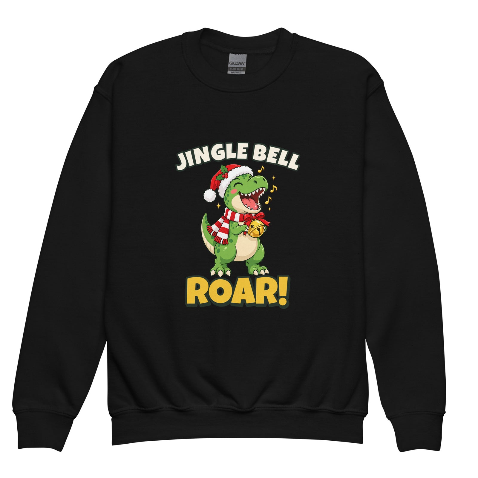 Jingle Bell Roar youth dinosaur Christmas sweatshirt - Black - front