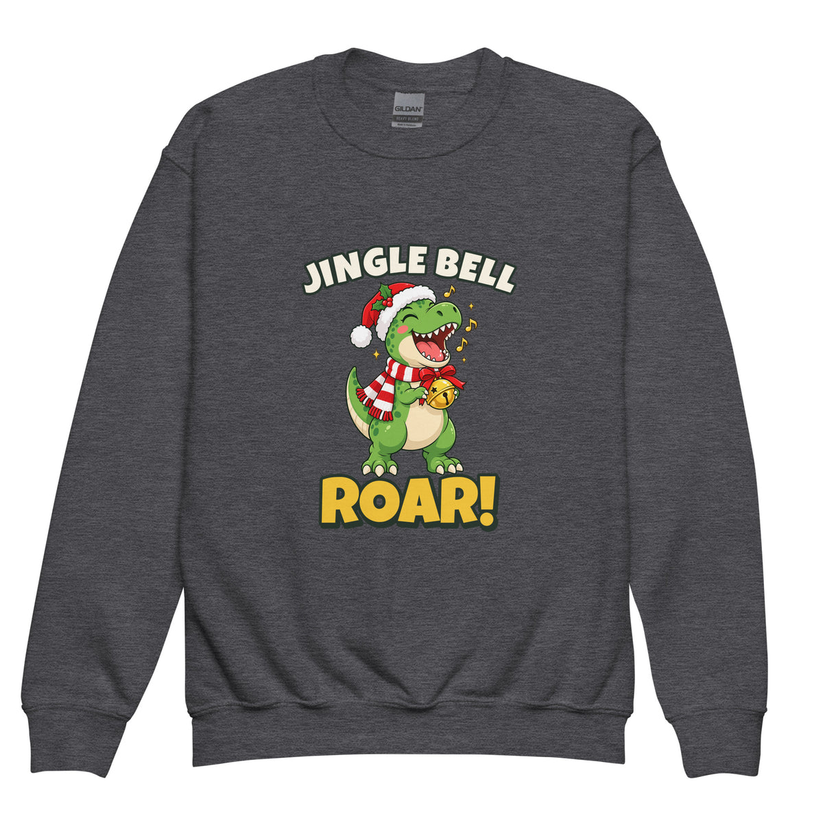 Jingle Bell Roar youth dinosaur Christmas sweatshirt - Dark Heather - front
