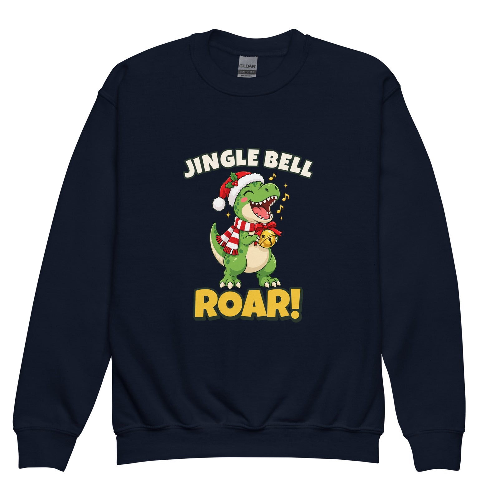 Jingle Bell Roar youth dinosaur Christmas sweatshirt - Navy - front