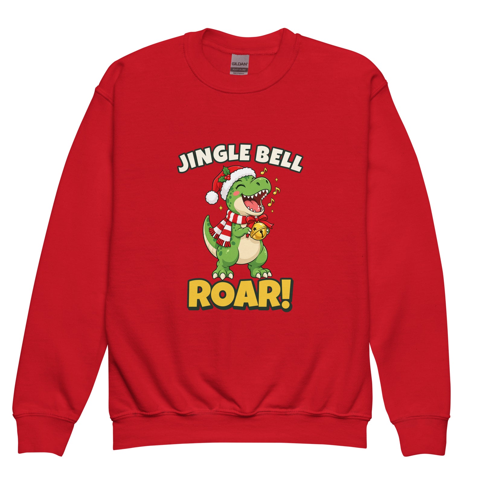 Jingle Bell Roar youth dinosaur Christmas sweatshirt - Red - front