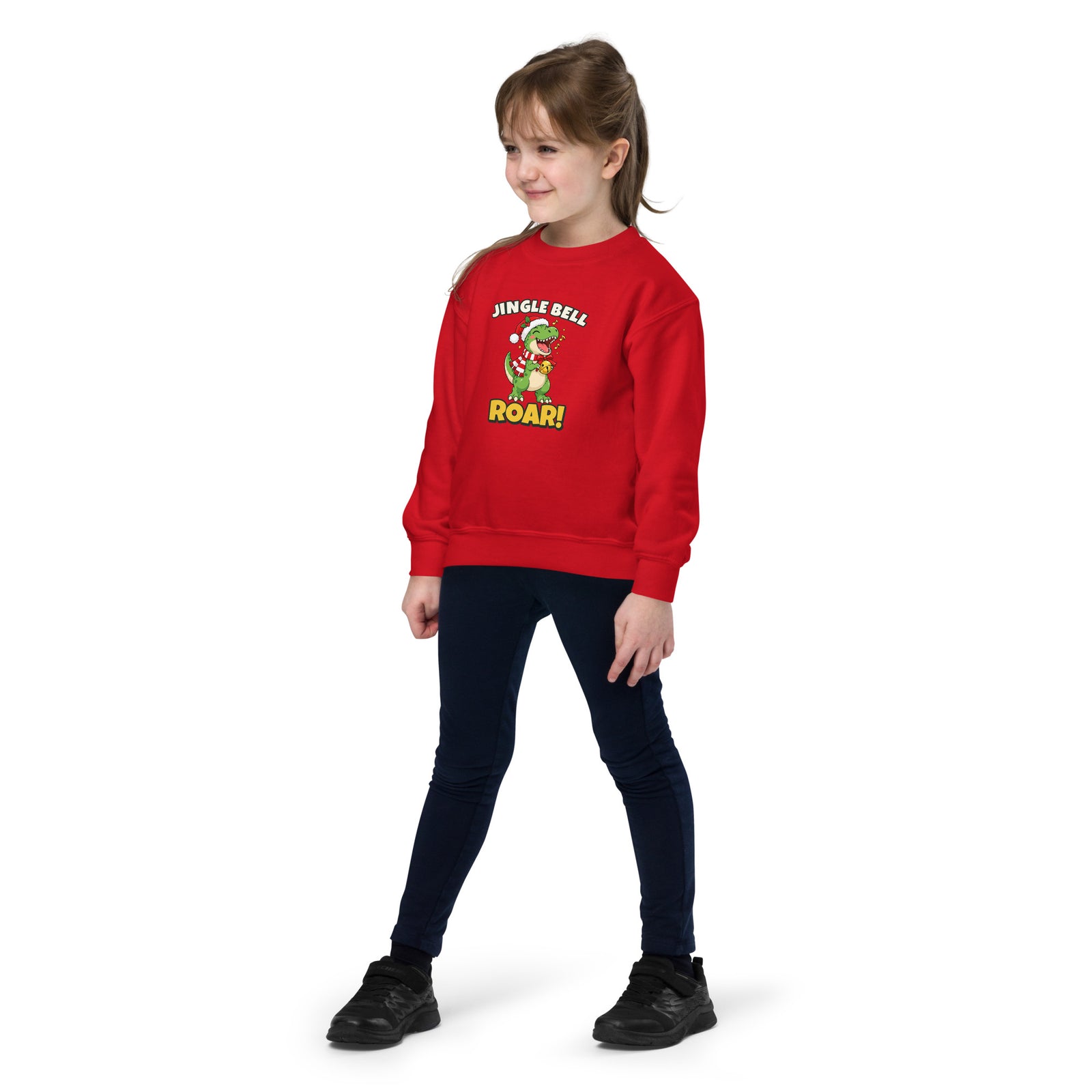 Girl wearing the Red Jingle Bell Roar youth dinosaur Christmas sweatshirt - front