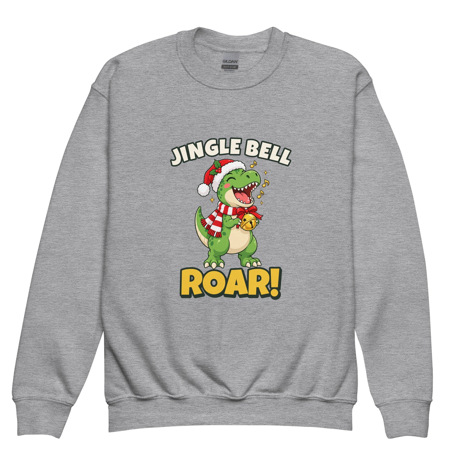 Jingle Bell Roar youth dinosaur Christmas sweatshirt - Sport Grey - front