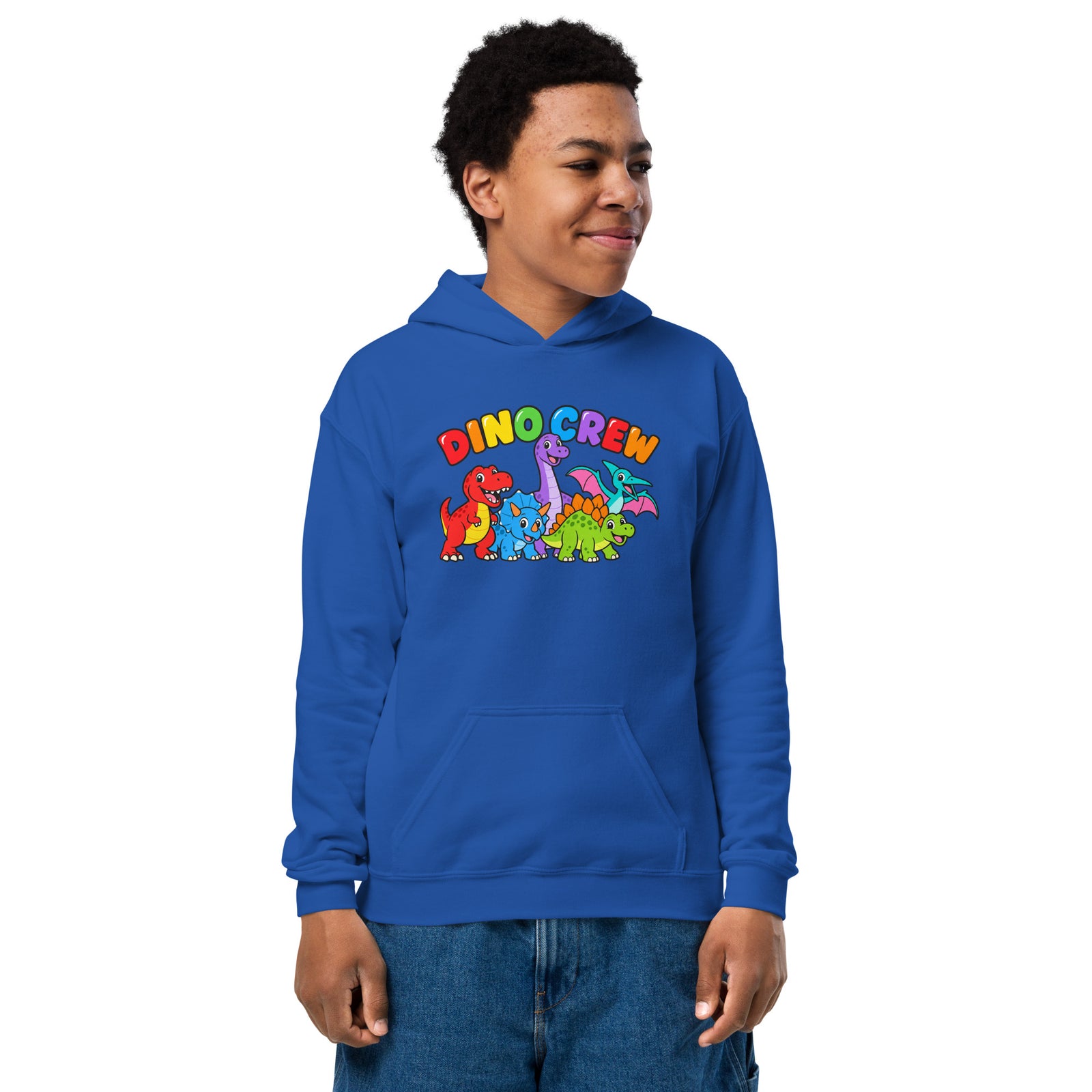 Dino Crew kids dinosaur hoodie on a child - Royal - front