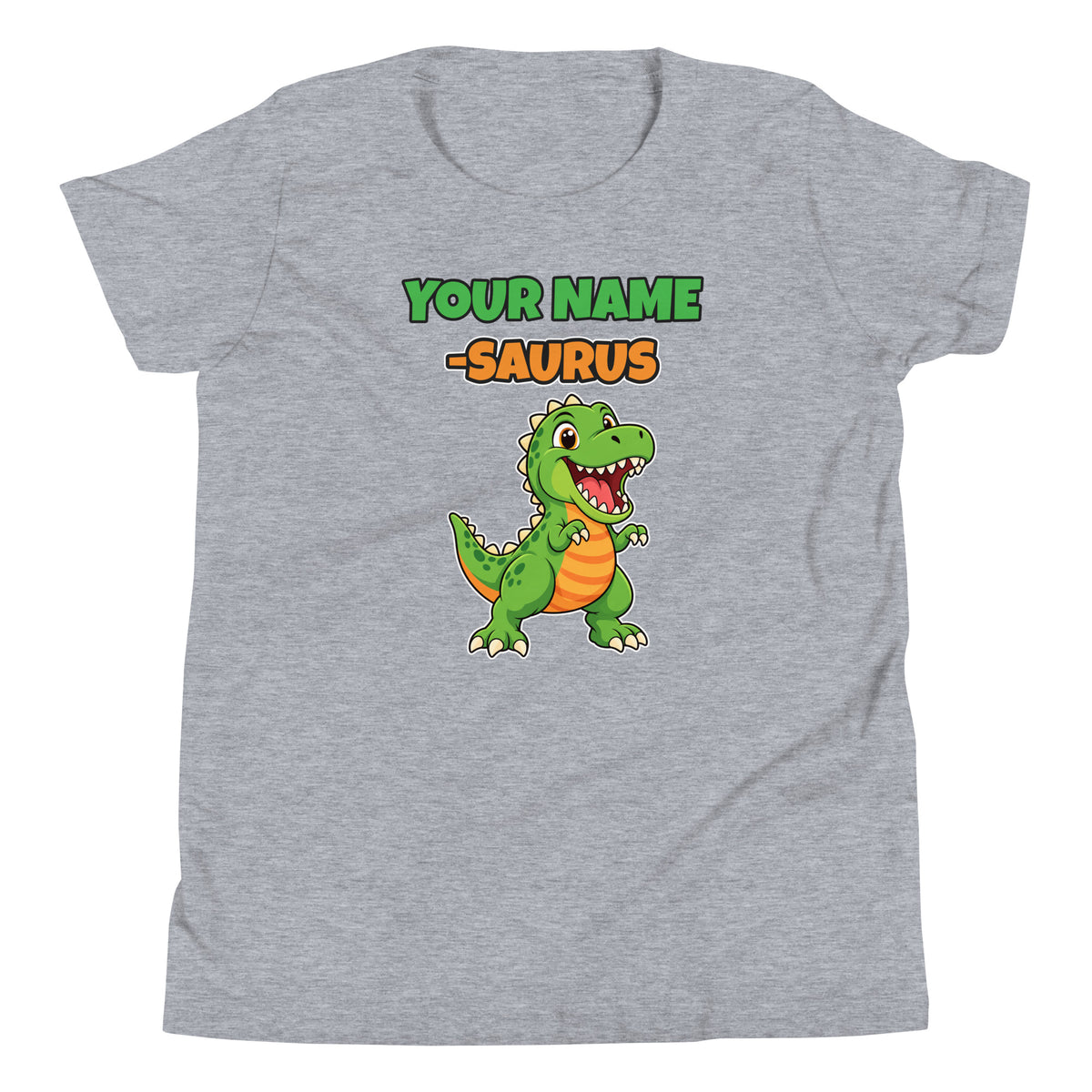 Name-Saurus personalized dinosaur t-shirt in , Printful preview with placeholder text YOUR NAME where the child's name prints, front view