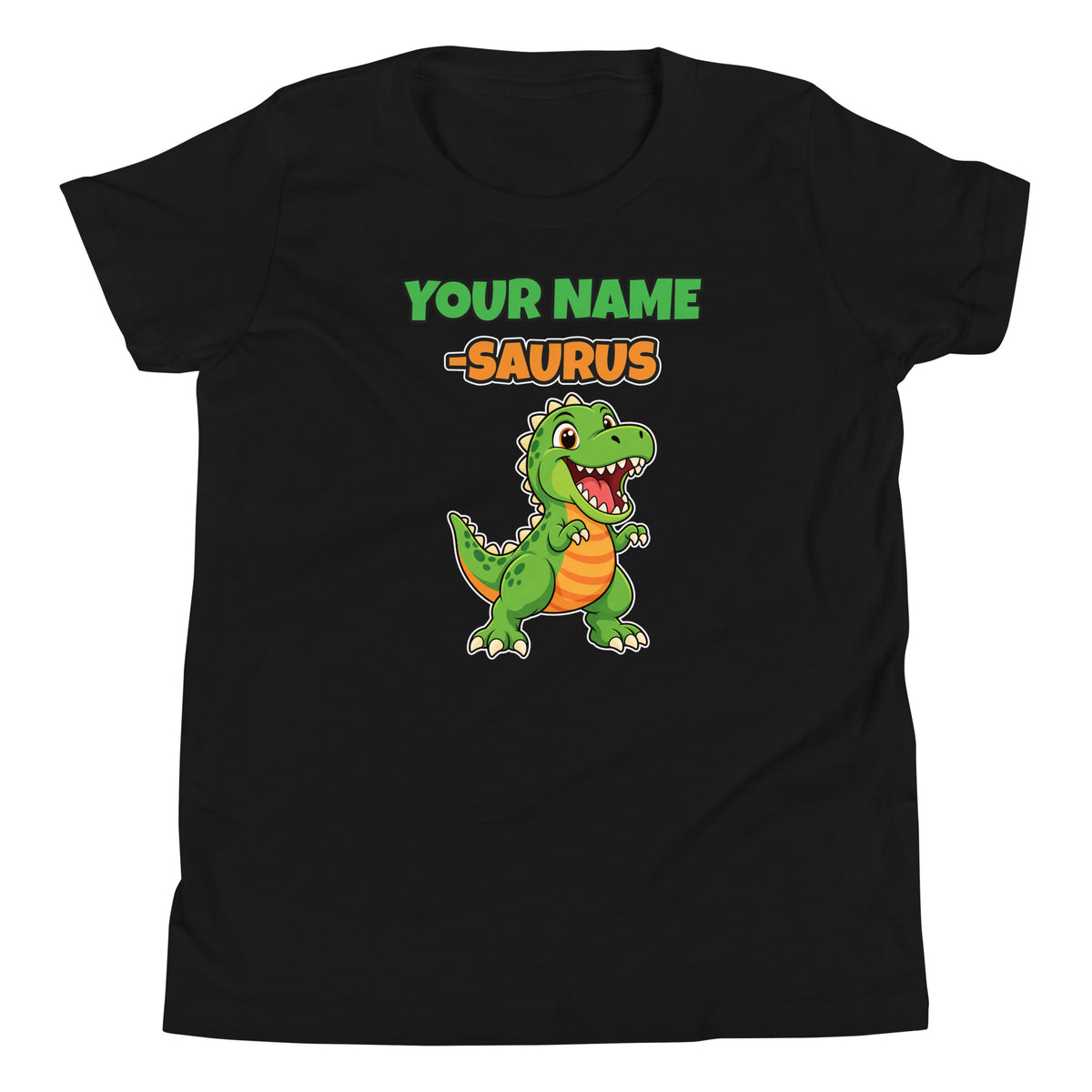 Name-Saurus personalized dinosaur t-shirt in , Printful preview with placeholder text YOUR NAME where the child's name prints, front view