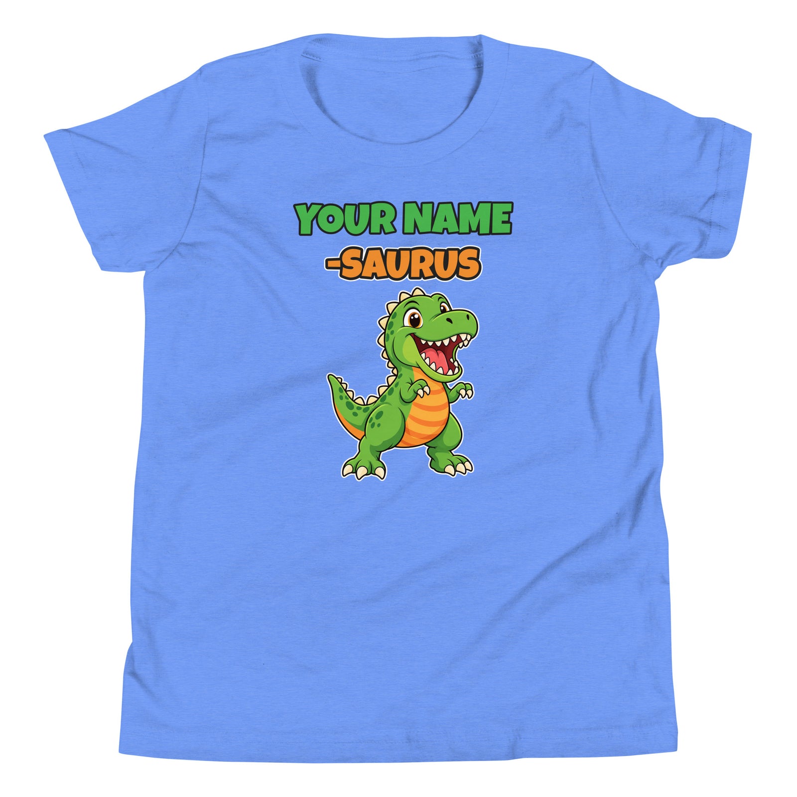 Name-Saurus personalized dinosaur t-shirt in , Printful preview with placeholder text YOUR NAME where the child's name prints, front view
