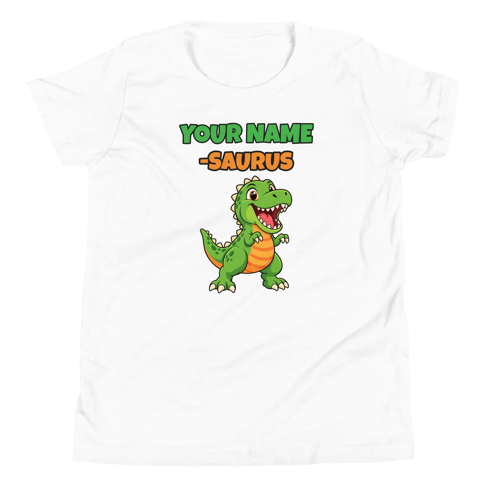 Name-Saurus personalized dinosaur t-shirt in , Printful preview with placeholder text YOUR NAME where the child's name prints, front view