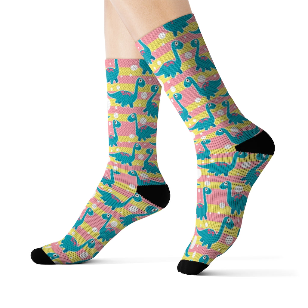 Pink And Yellow Brontosaurus - Womens Dinosaur Socks