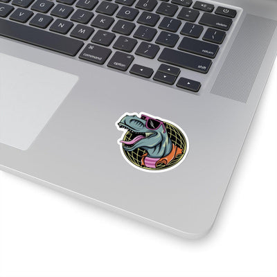 2x2 dinosaur sticker of a 1980s style neon rad t-rex wearing ping sunglasses with a white background.