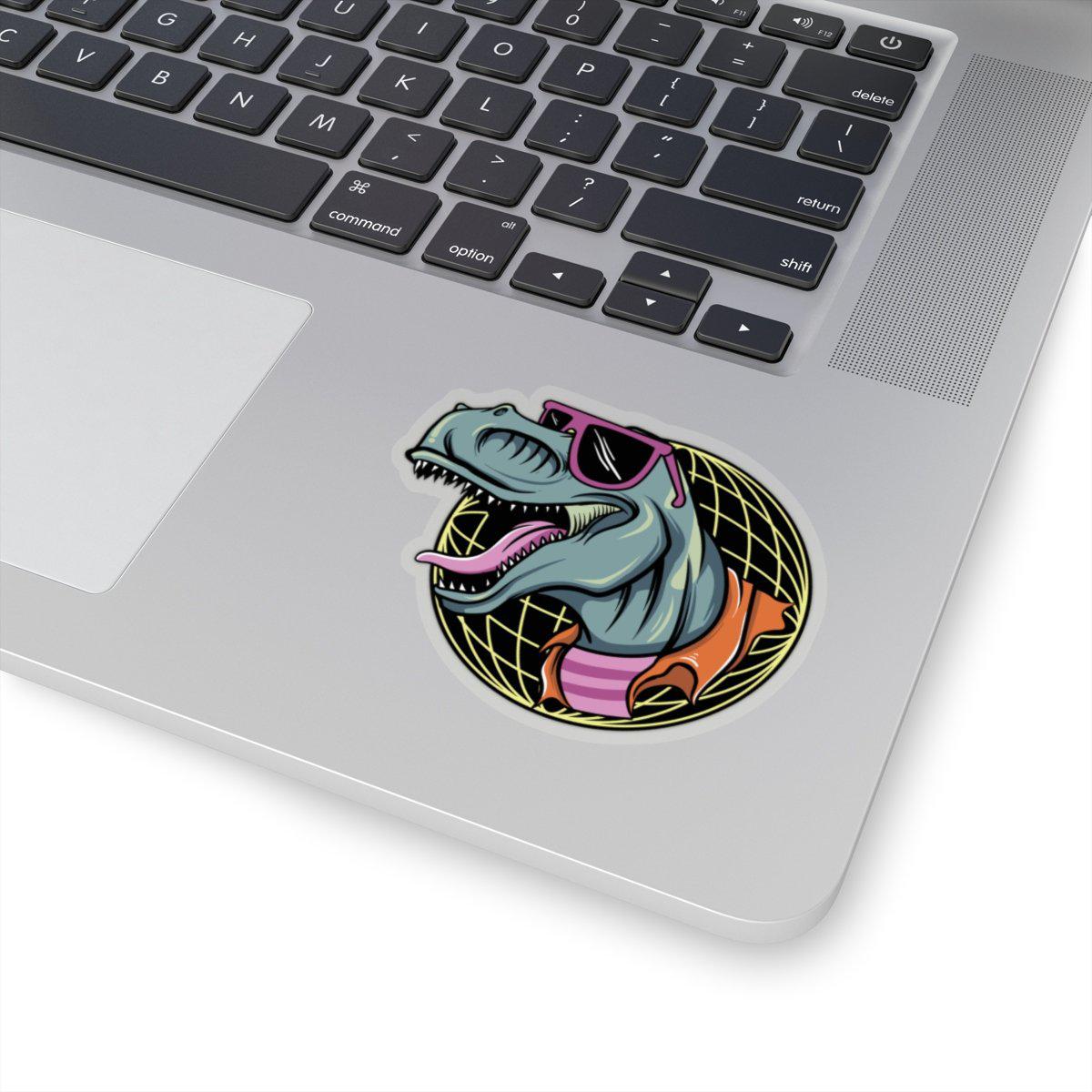 3x3 t-rex sticker in a neon retro layout. This dinosaur sticker is cool and rad with a transparent border.