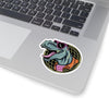 3x3 t-rex sticker in a neon retro layout. This dinosaur sticker is cool and rad with a white border.