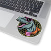 4x4 dinosaur sticker with a 80's retro style. T-Rex is wearing pink sunglasses with a neon vibe and a transparent border.