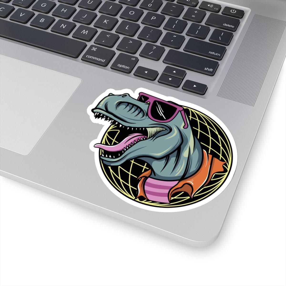 4x4 dinosaur sticker with a 80's retro style. T-Rex is wearing pink sunglasses with a neon vibe and a white border.