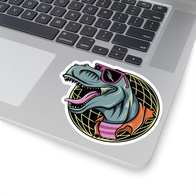 4x4 dinosaur sticker with a 80's retro style. T-Rex is wearing pink sunglasses with a neon vibe and a white border.
