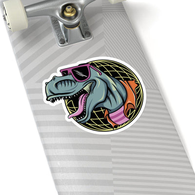 6x6 jurassic sticker of a 1980's t-rex posing with neon clothes and a white border.