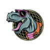 This is a rad neon dinosaur sticker with a 1980's vibe.