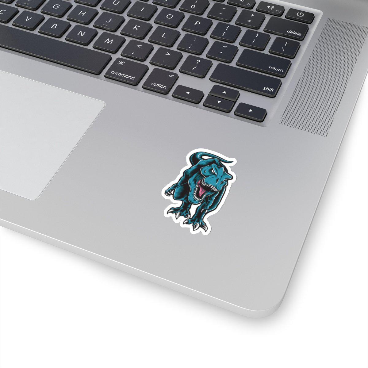 2x2 t-rex sticker with a fierce looking t-rex on the prowl. White border.