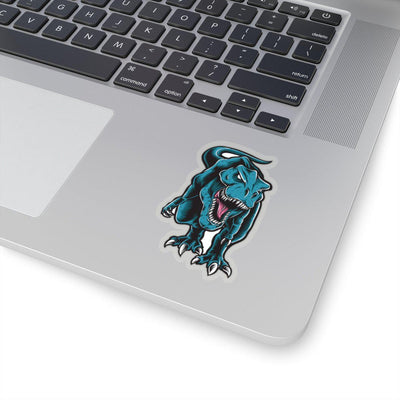 3x3 dinosaur sticker featuring a fierce and aggressive t-rex on the hunt with a transparent border.