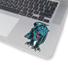 4x4 dinosaur sticker with a greenish blue t-rex roaring at his enemy with a transparent border.