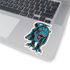 4x4 dinosaur sticker with a greenish blue t-rex roaring at his enemy with a white border.