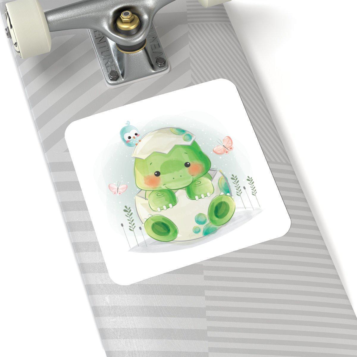 6x6 cute dinosaur sticker of a baby dinosaur breaking out of his shell.