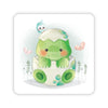 A cute baby dinosaur watercolor sticker. The baby dinosaur is coming out of his shell, with a bird and butterflies for company.