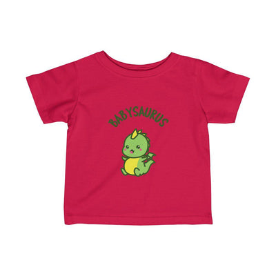 Red t-shirt for babies featuring an excited and cute baby dinosaur with the text Babysaurus above his head..
