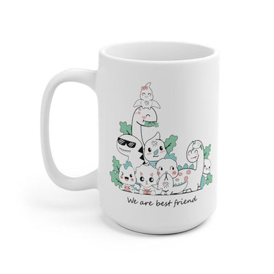 15 oz mug featuring cute baby dinosaurs hanging out together as best friends.
