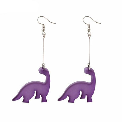 Dangling dinosaur earrings with purple brontosaurus's on the end.