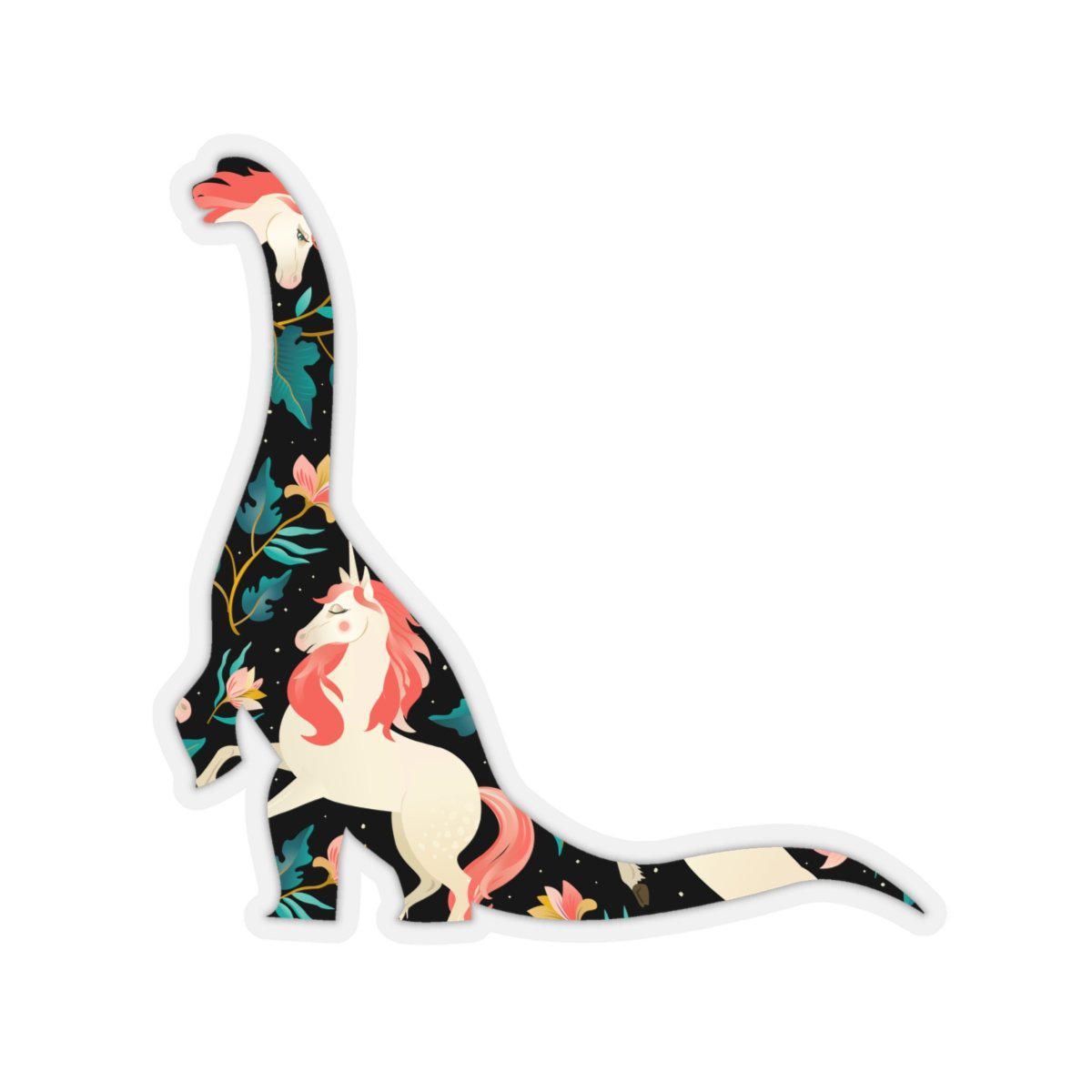Sticker featuring a classy and regal unicorn pattern inside of a brontosaurus outline. 