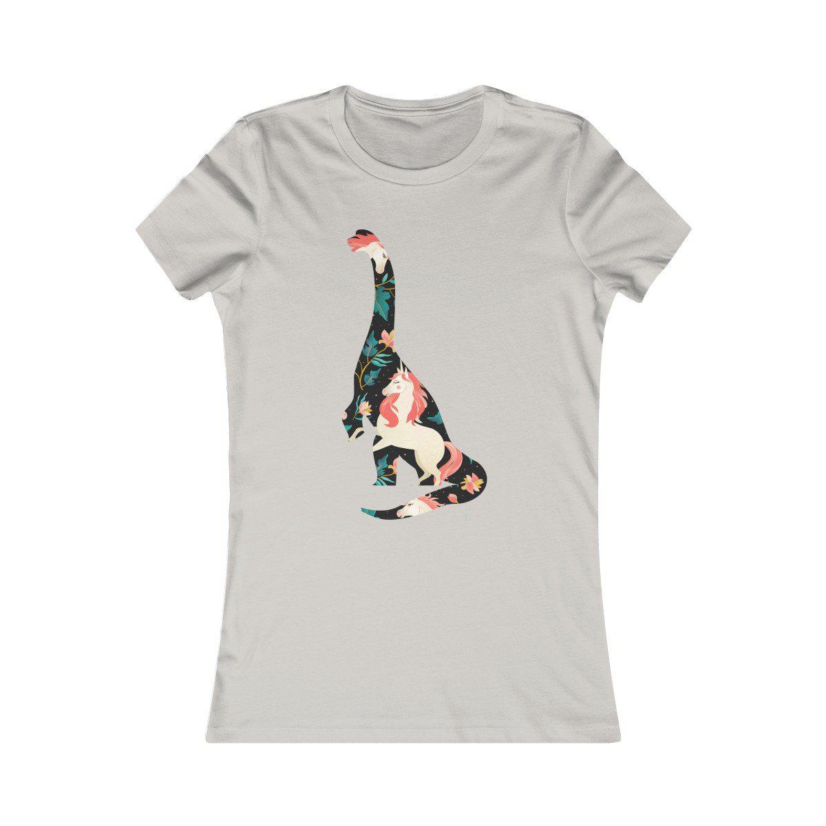 Silver women&#39;s dinosaur t-shirt with a brontosaurus silhouette filled with a rearing unicorn design.