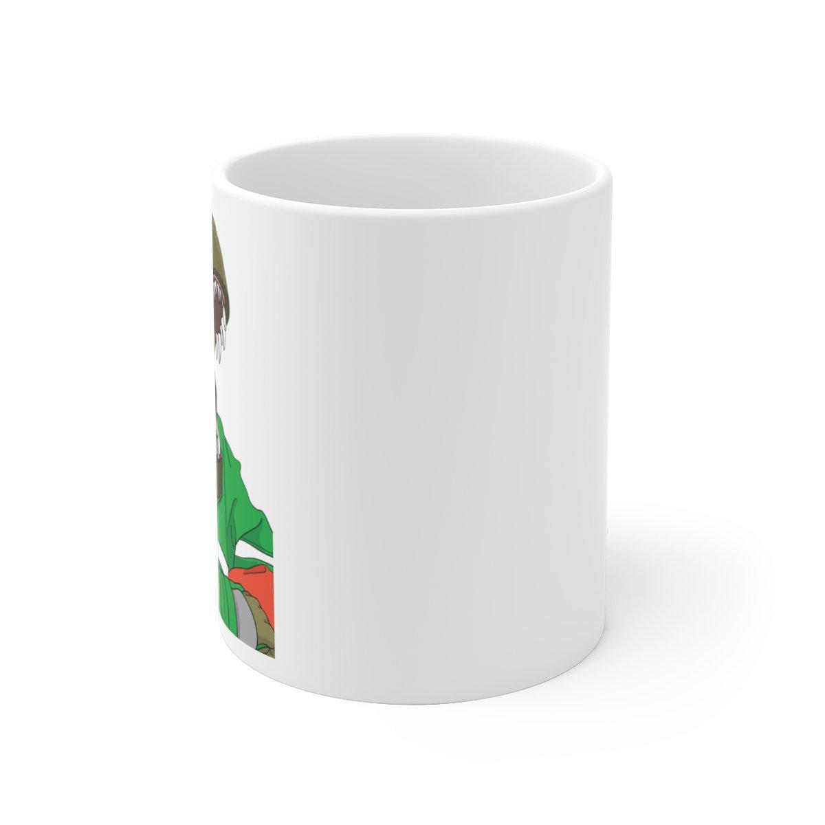 side view of a t-rex mug.