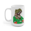 15 oz t-rex mug featuring t-rex relaxing with his arms crossed.