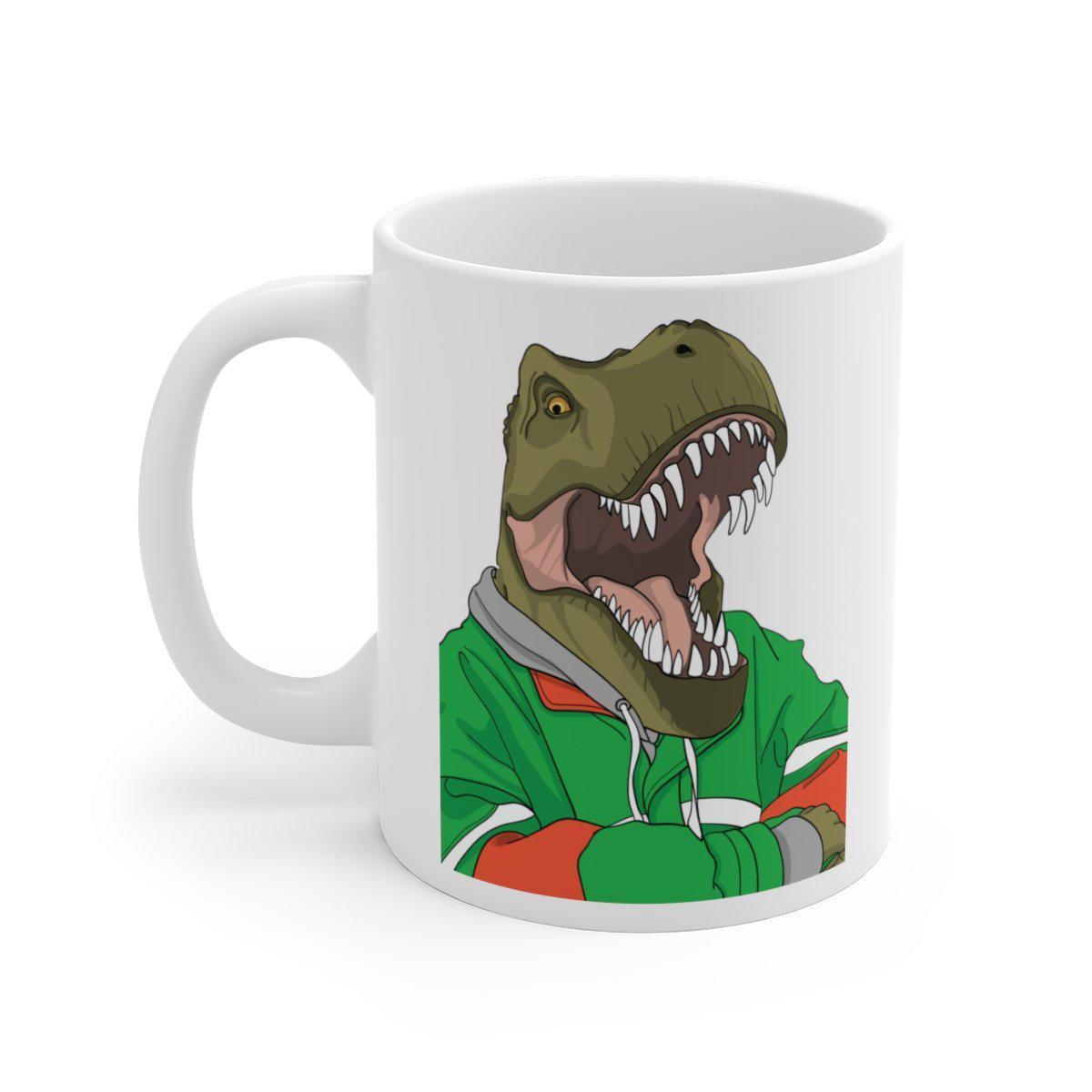 Dinosaur mug with t-rex wearing a green hoodie, crossing his arms, and relaxing. 