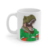 Dinosaur mug with t-rex wearing a green hoodie, crossing his arms, and relaxing.