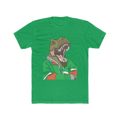 Kelly green dinosaur t-shirt featuring a cool t-rex chilling with his arms crossed.