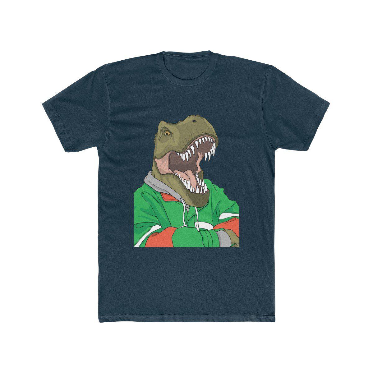 A t-shirt featuring a hip dinosaur chilling with his hoodie on and arms crossed. 