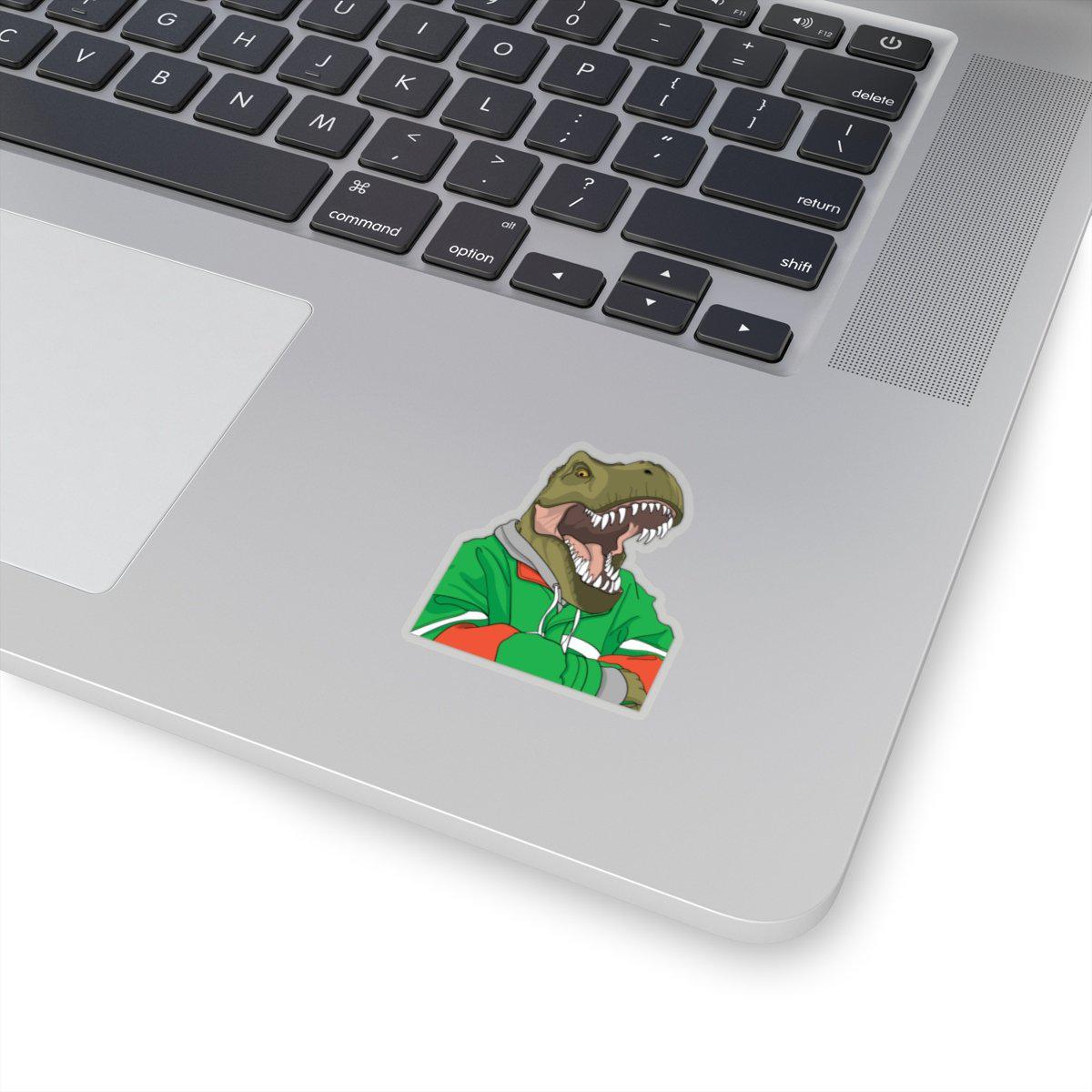 A dinosaur sticker with t-rex relaxing with his hoodie on.