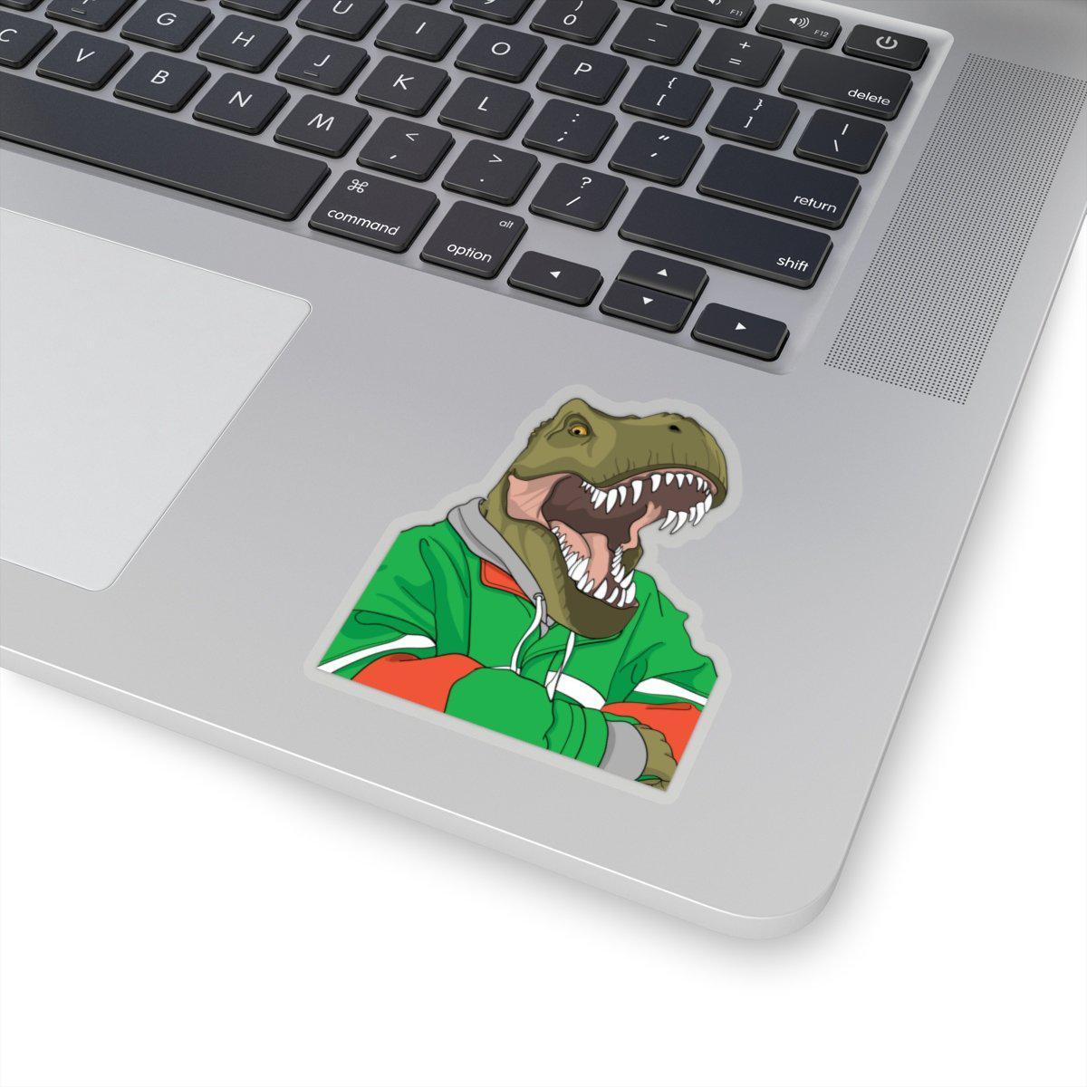 3x3 t-rex sticker with an excited t-rex crossing his arms in his green hoodie.