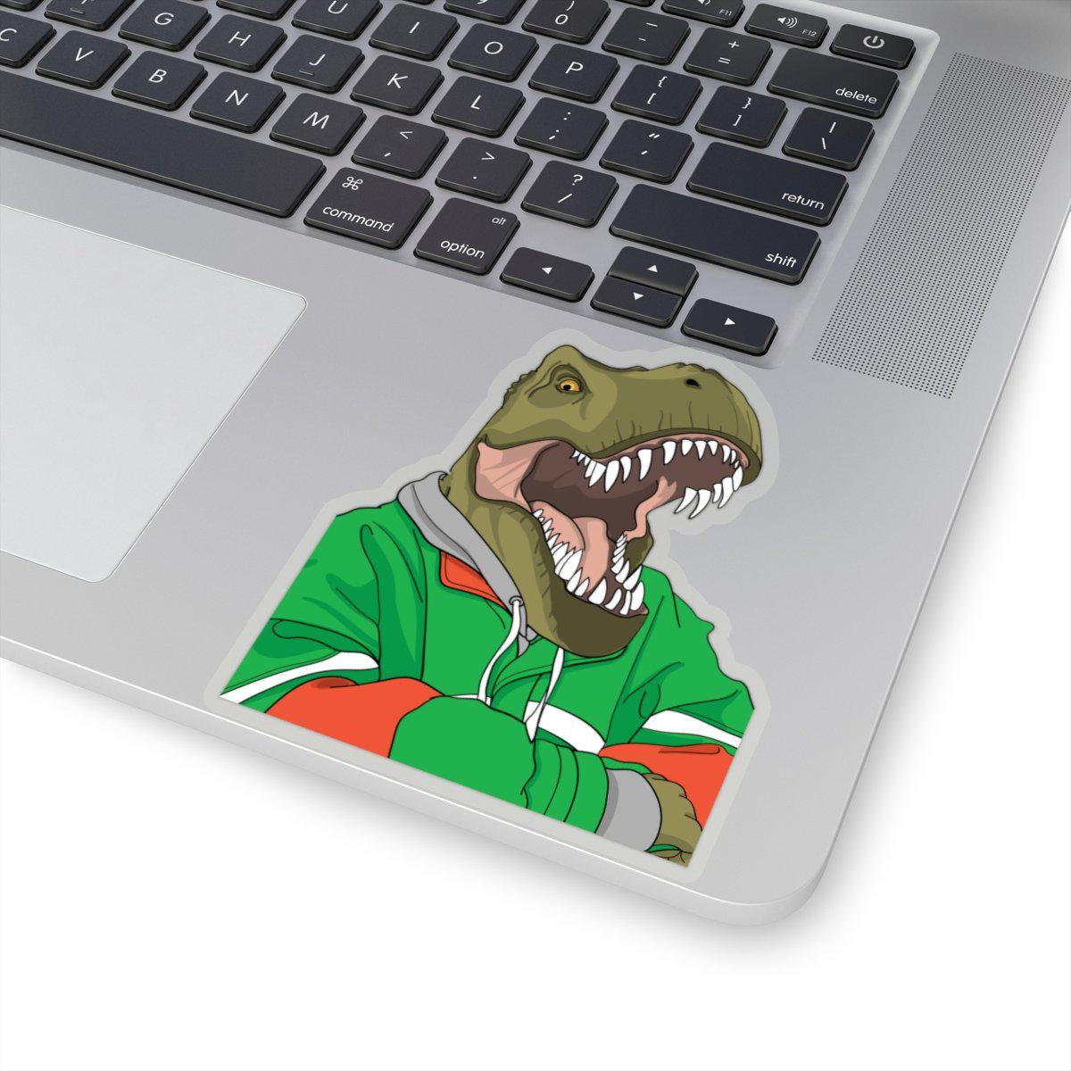 4x4 dinosaur sticker with an excited t-rex crossing his arms and hanging out in his hoodie.