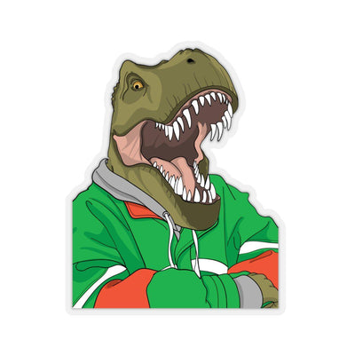 A dinosaur sticker with t-rex relaxing with his hoodie on.