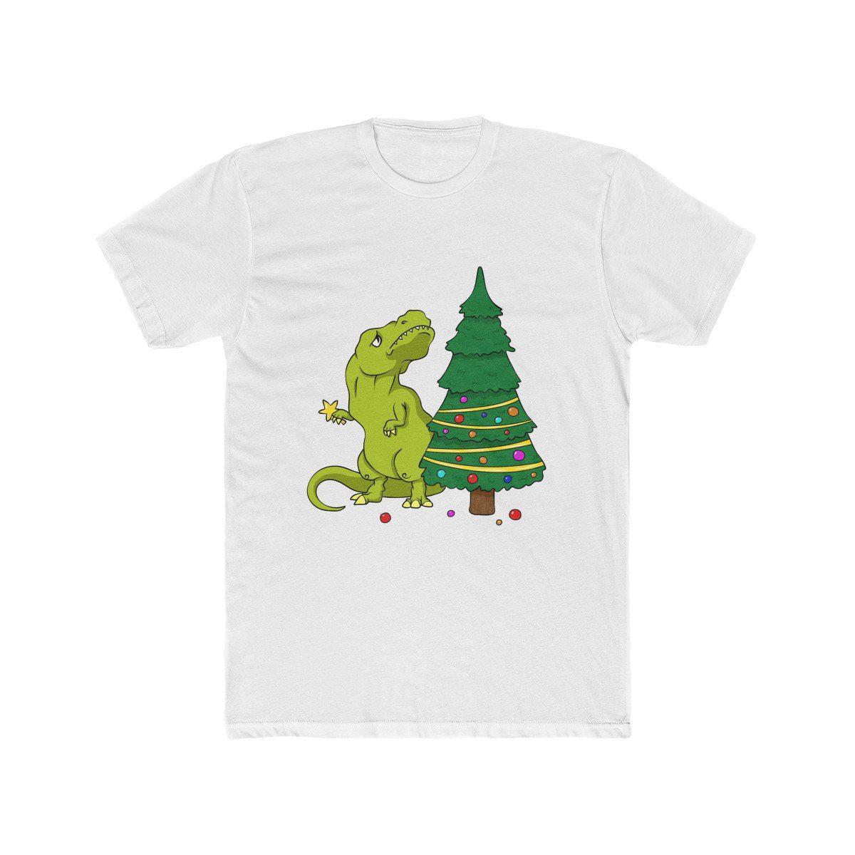 White dinosaur shirt depicting t-rex attempting to put the star on top of the Christmas tree. However, t-rex's arms are too short to reach the top of the Christmas tree. 