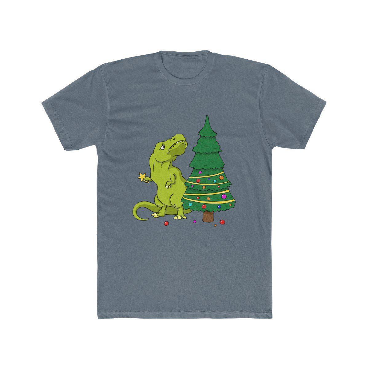 Solid indigo t-rex t-shirt where t-rex has the Christmas tree topper in his hands, but he cant figure out how to reach the top of the tree since his arms are so short. 