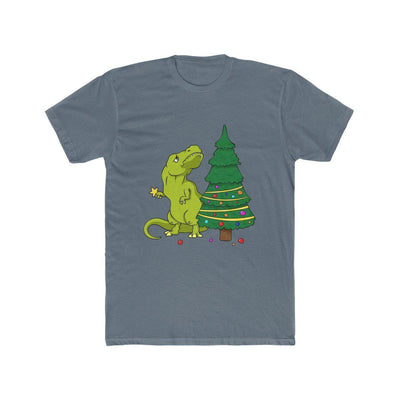 Solid indigo t-rex t-shirt where t-rex has the Christmas tree topper in his hands, but he cant figure out how to reach the top of the tree since his arms are so short.