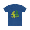 Royal blue dinosaur shirt showing t-rex attempting to place a Christmas ornament on the top of the Christmas tree. However, his arms are definitely too short.