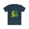 Midnight colored dinosaur t-shirt with T-Rex looking distraught because he can't reach the top of the Christmas Tree with his short arms.