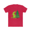 Red Christmas dinosaur t-shirt depicting a sad t-rex trying to figure out how to place the star on top of the Christmas tree with his tiny arms.