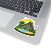 3x3 dinosaur sticker with a massive, but cute t-rex coming around a mountain and looking down at a tribal village.