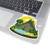 4x4 dinosaur sticker with a goliath but cute t-rex looking down on teepees.